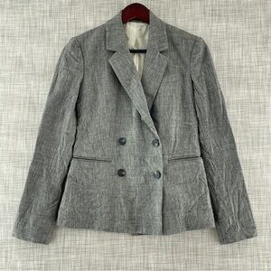 Theory Gray Linen Blend Blazer Shoulder Padding Button Front Women's 2 8356/1